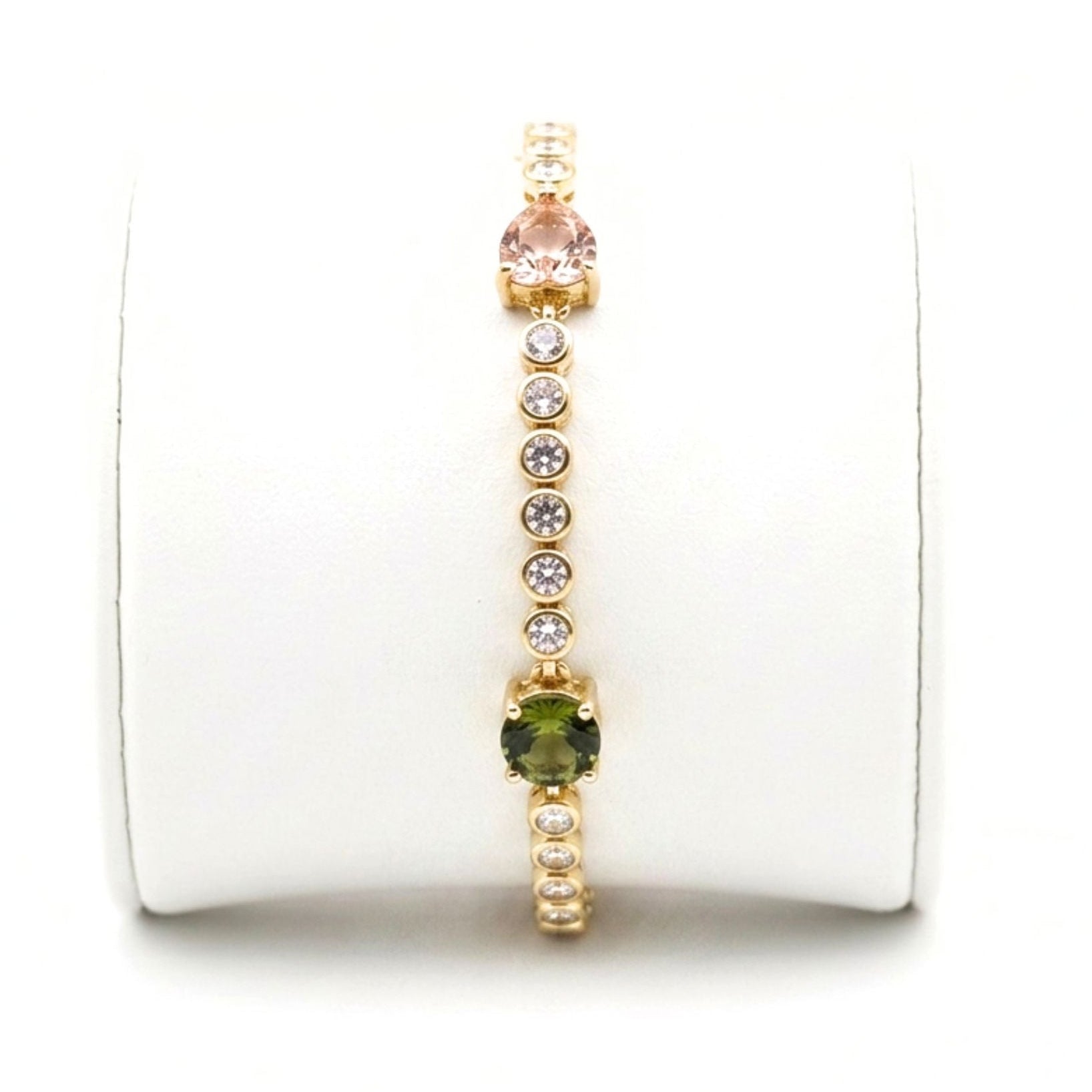 Pulsera acero inoxidable dorado chapado oro 14ktes circonitas blancas y color engastadas joyería osnor moda 