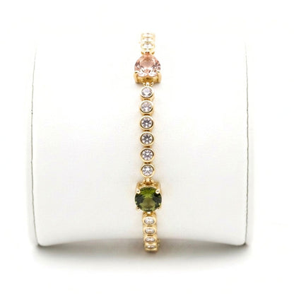 Pulsera acero inoxidable dorado chapado oro 14ktes circonitas blancas y color engastadas joyería osnor moda 