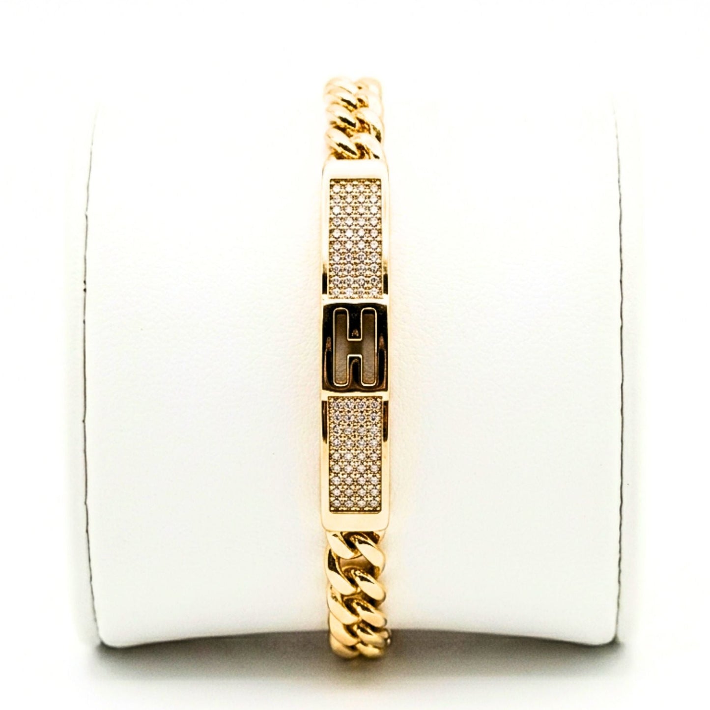 Pulsera de acero inoxidable dorado chapado oro 14ktes circonitas blancas engastadas diseño joyería osnor moda unisex 