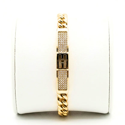 Pulsera de acero inoxidable dorado chapado oro 14ktes circonitas blancas engastadas diseño joyería osnor moda unisex 
