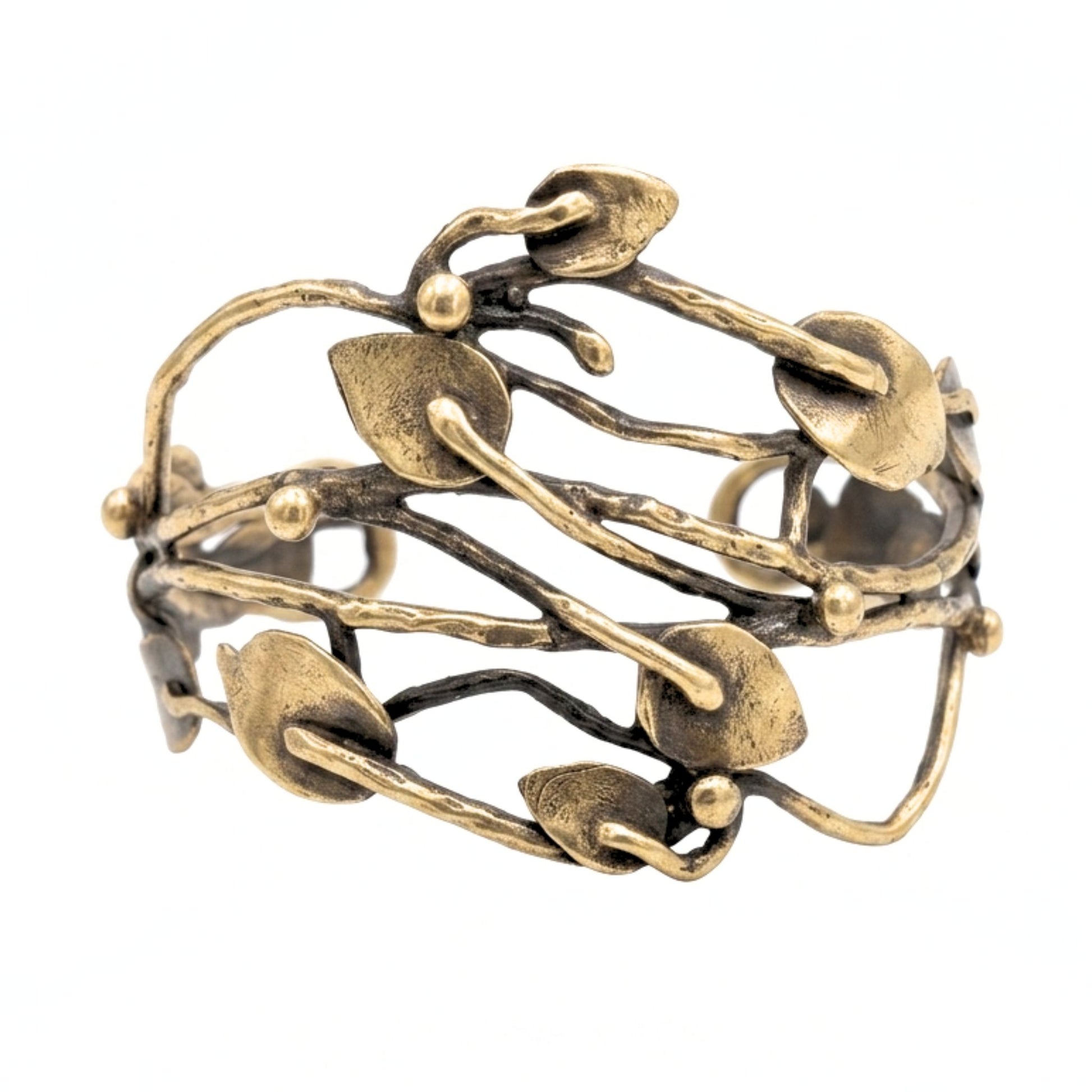 Pulsera Brazalete mujer de bronce dorado envejecido vintage volumen arte escultura artesanía exclusivo diseño joyería osnor moda 