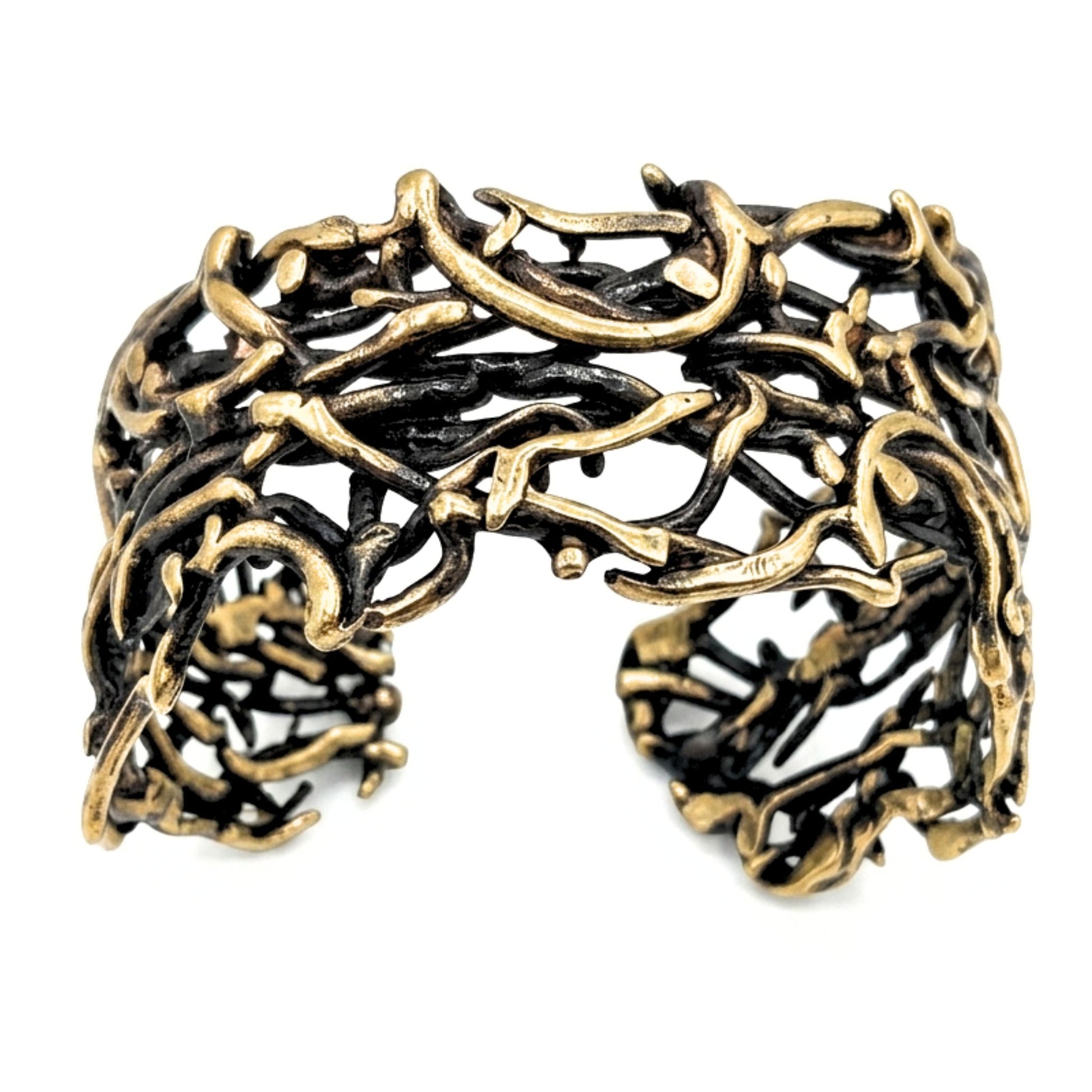 Pulsera Brazalete mujer de bronce dorado envejecido vintage volumen arte escultura artesanía exclusivo único diseño joyería osnor moda 