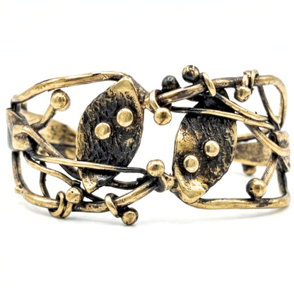 Pulsera Brazalete de bronce dorado envejecido vintage volumen arte escultura artesanía exclusivo diseño joyería osnor moda 