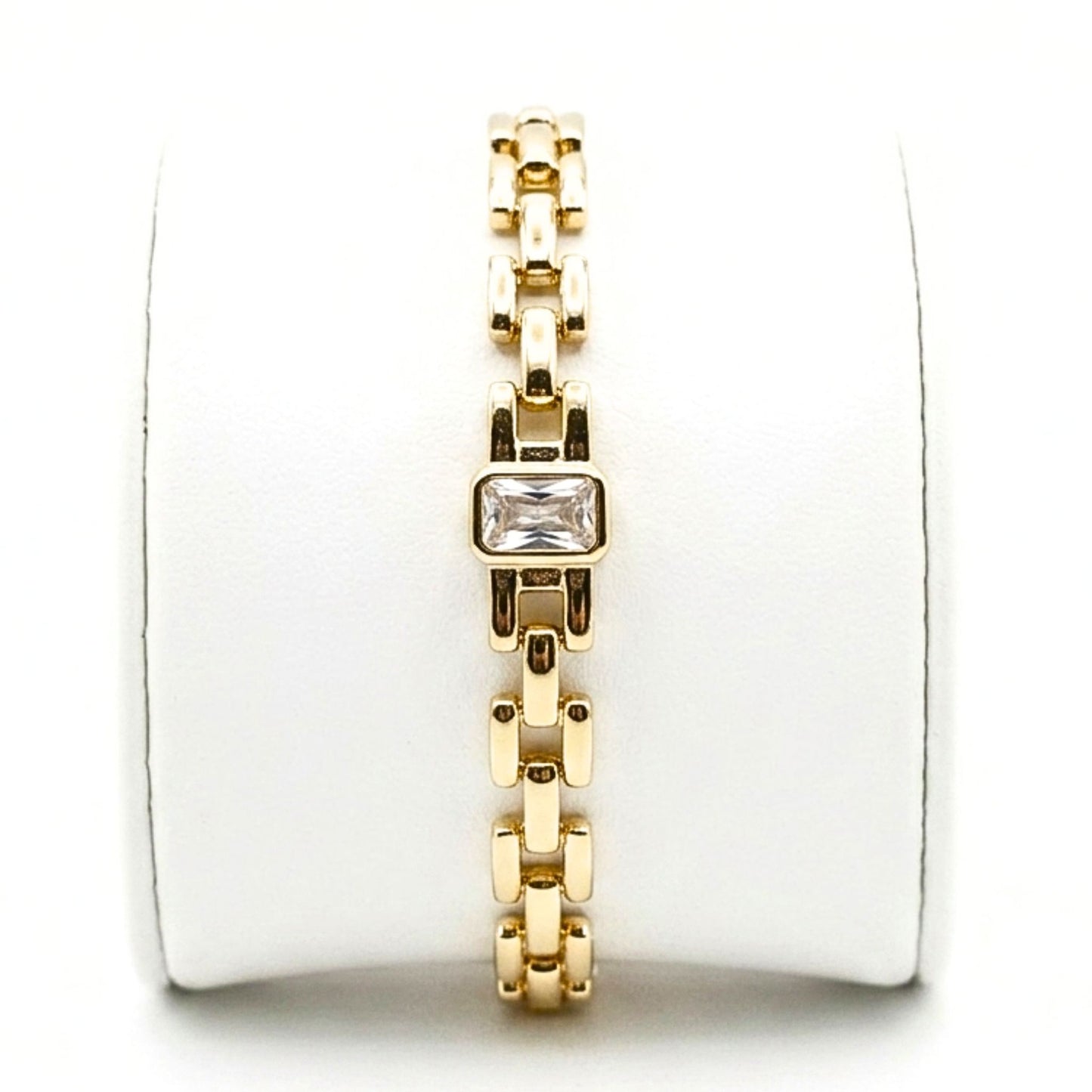Pulsera Brazalete Acero inoxidable dorado chapado oro 14ktes circonita blanca diseño joyería osnor moda unisex 