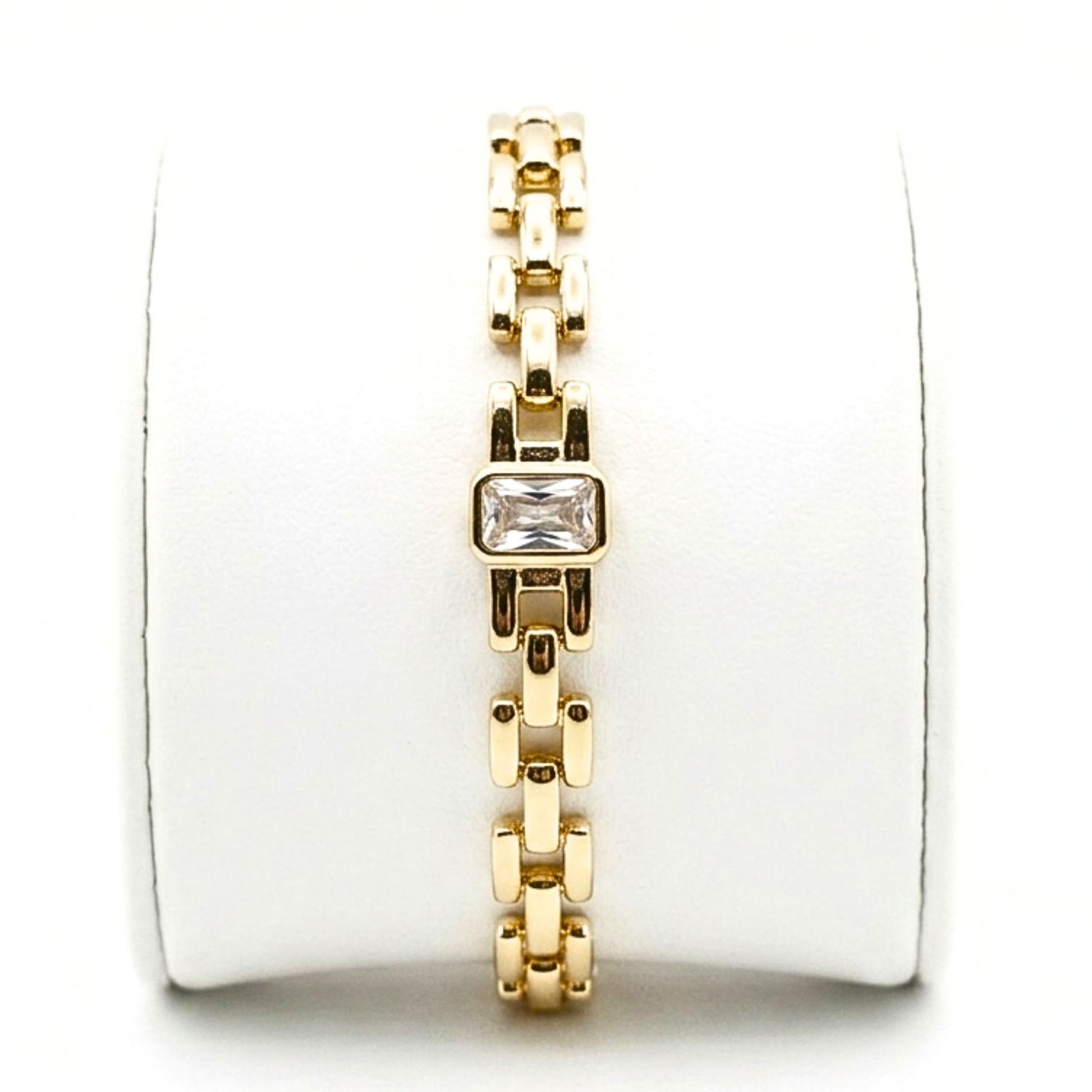 Pulsera Brazalete Acero inoxidable dorado chapado oro 14ktes circonita blanca diseño joyería osnor moda unisex 