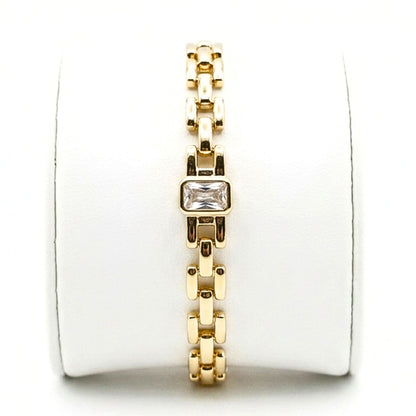 Pulsera Brazalete Acero inoxidable dorado chapado oro 14ktes circonita blanca diseño joyería osnor moda unisex 
