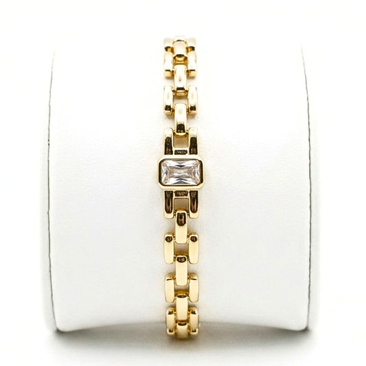 Pulsera Brazalete Acero inoxidable dorado chapado oro 14ktes circonita blanca diseño joyería osnor moda unisex 