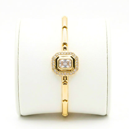 Pulsera acero inoxidable dorado chapado oro 14ktes circonitas blancas engastadas diseño joyería osnor moda moderno elegante boda fiesta glamour lujo 