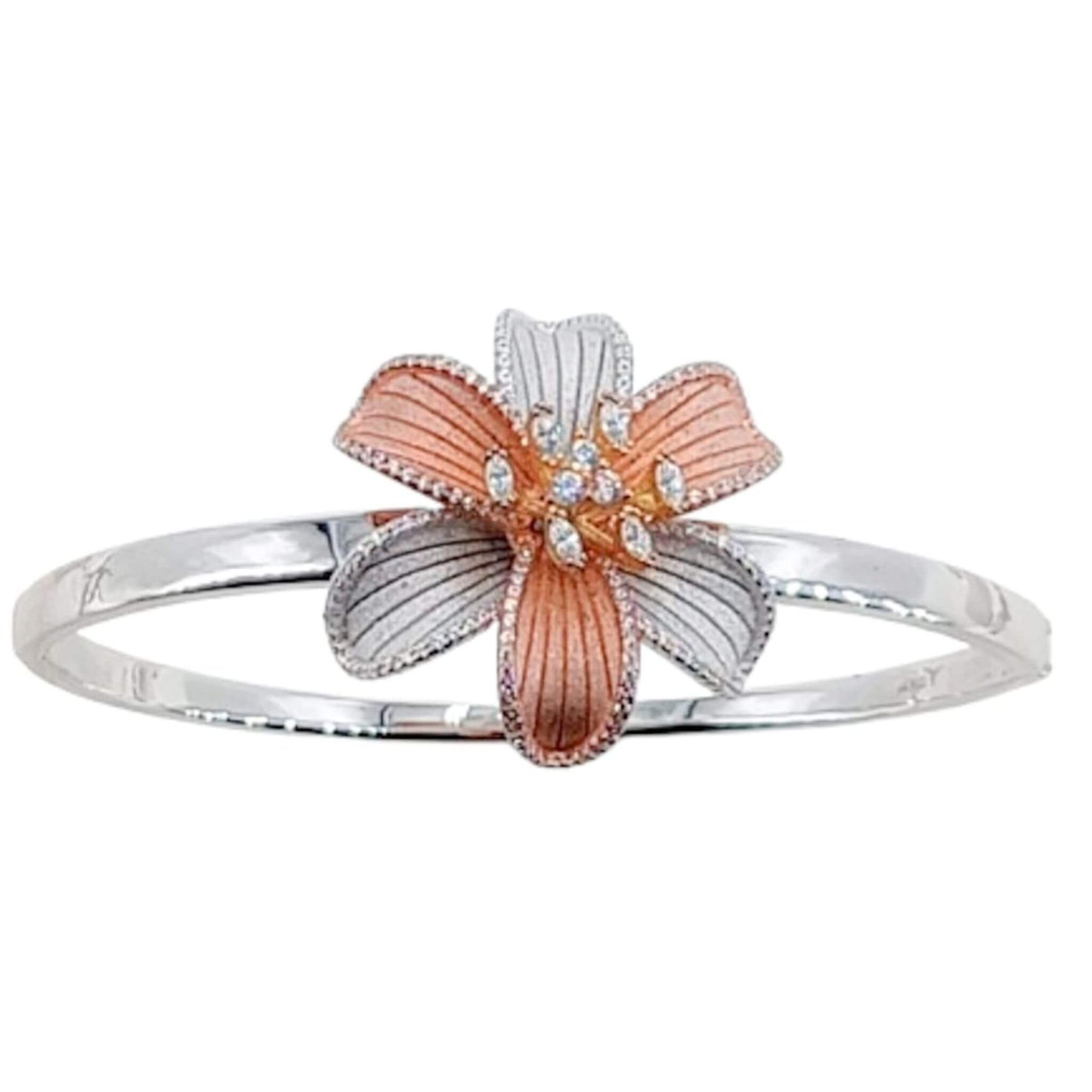 Brazalete Rígido Plata 925 Flor Tricolor con Circonitas – Baño Oro Rosa, Oro Amarillo y Rodio. Joyeria Osnor