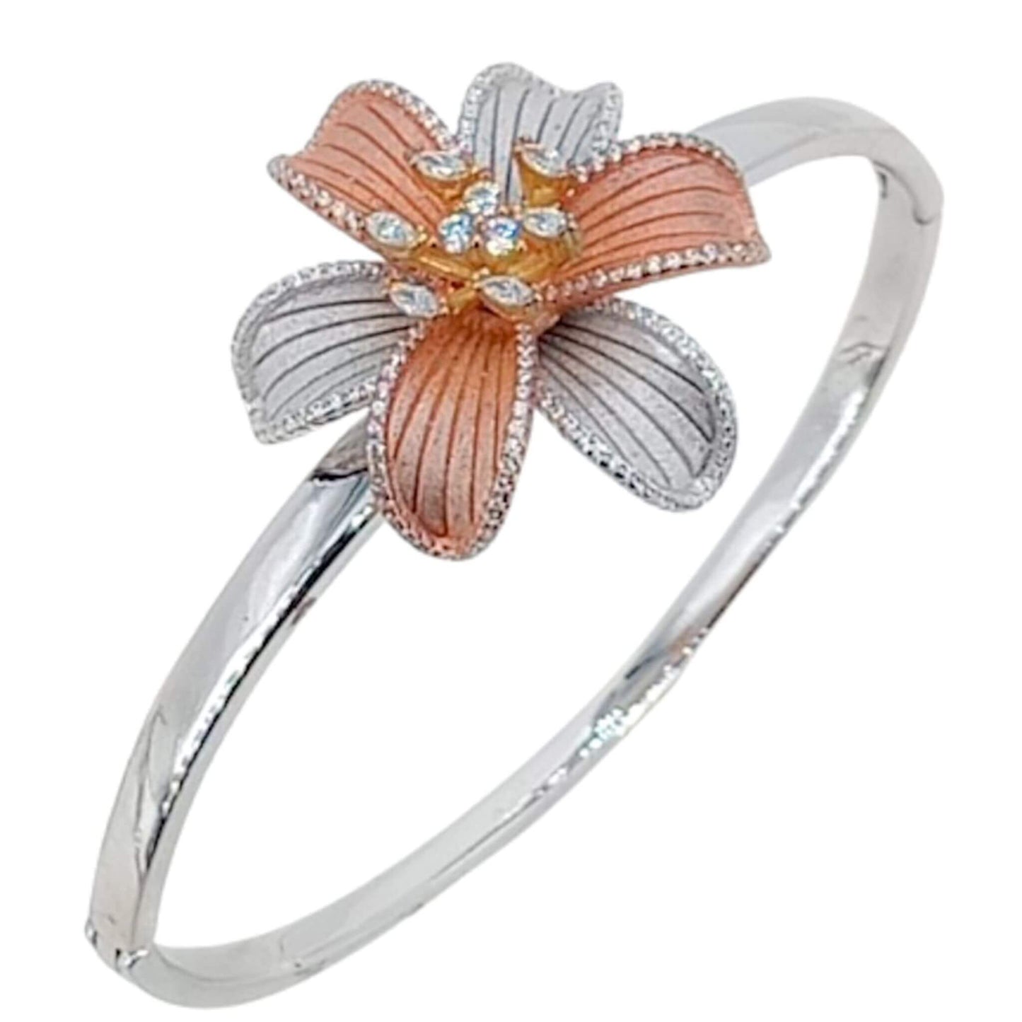 Brazalete Rígido Plata 925 Flor Tricolor con Circonitas – Baño Oro Rosa, Oro Amarillo y Rodio. Joyeria Osnor