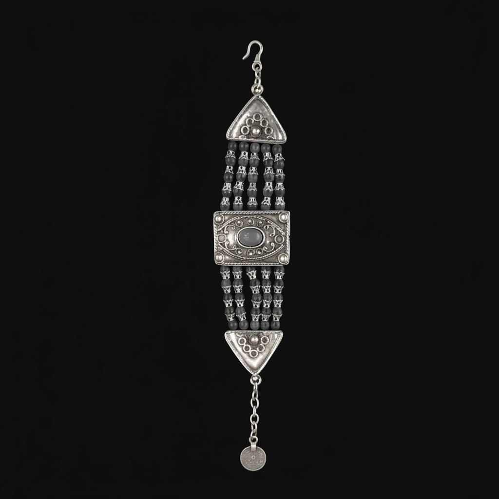 Pulsera brazalete Zamak Osnor étnica con triángulos y piedras negras Joyería Osnor Zamak 