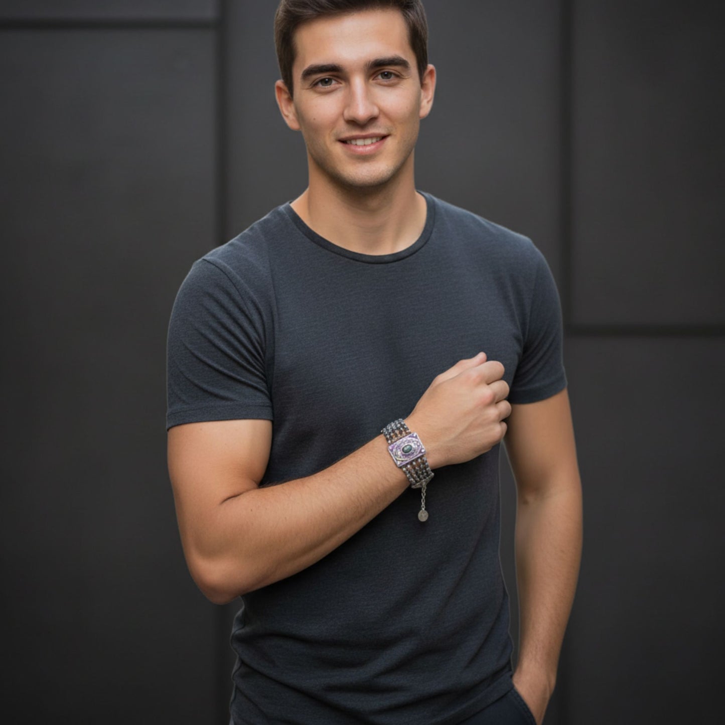 Pulsera brazalete Zamak étnica triángulos piedras negras hipoalergénica hombre Joyería Osnor Zamak