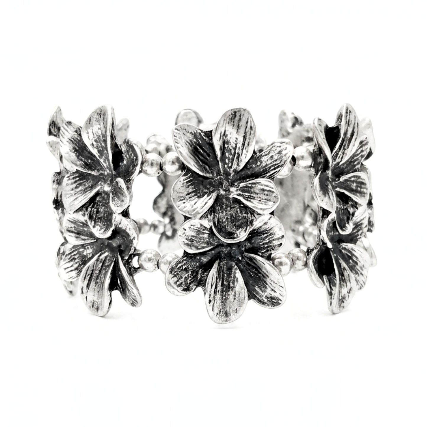 Pulsera brazalete de zamak mujer volumen hipoalergénico plateado aleación ajustable elástica flores relieve envejecido vintage volumen diseño joyería osnor moda moderno elegante boda fiesta fashion glamour lujo exclusivo único 