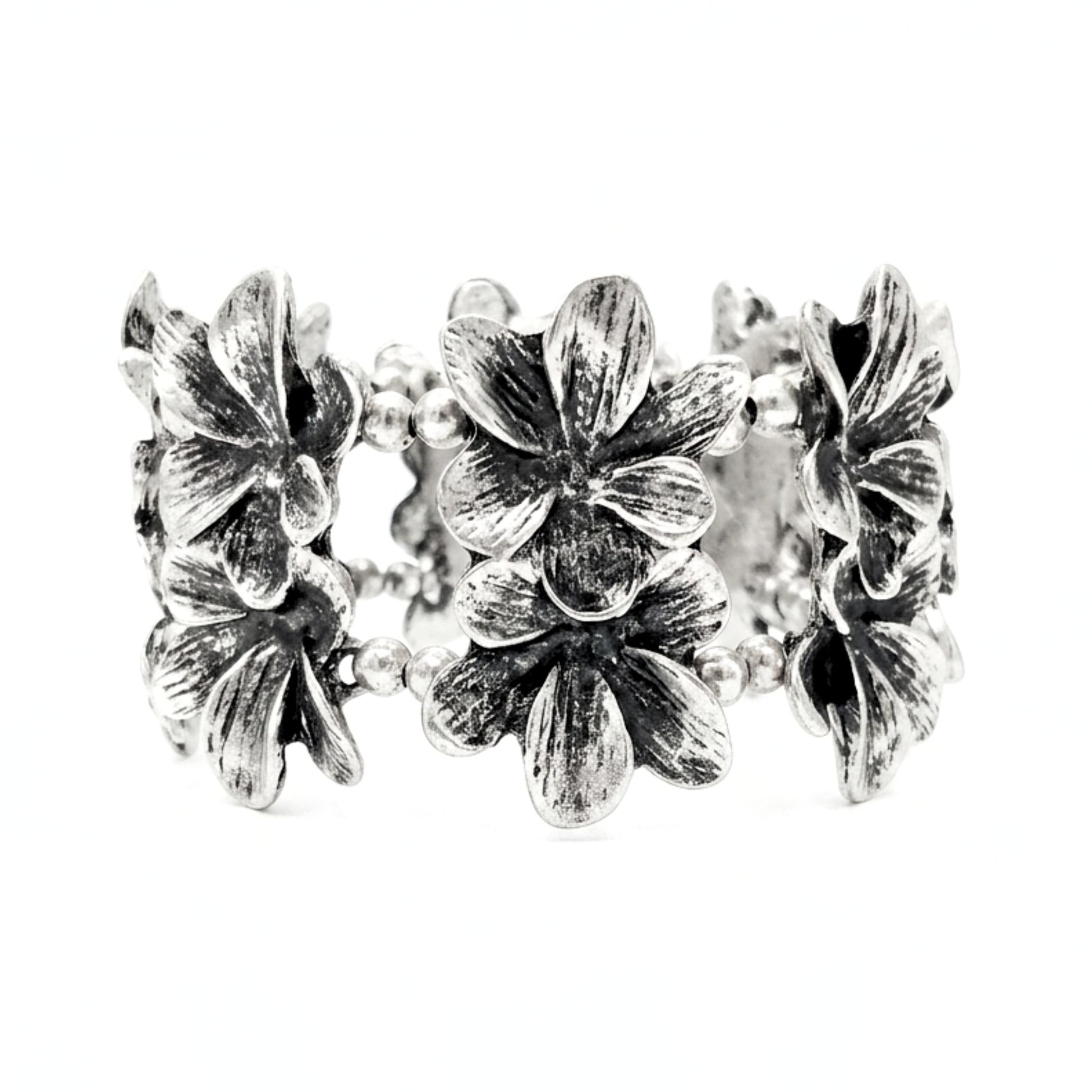 Pulsera brazalete de zamak mujer volumen hipoalergénico plateado aleación ajustable elástica flores relieve envejecido vintage volumen diseño joyería osnor moda moderno elegante boda fiesta fashion glamour lujo exclusivo único 