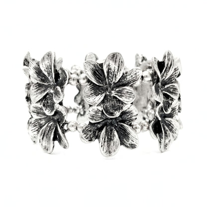 Pulsera brazalete de zamak mujer volumen hipoalergénico plateado aleación ajustable elástica flores relieve envejecido vintage volumen diseño joyería osnor moda moderno elegante boda fiesta fashion glamour lujo exclusivo único 