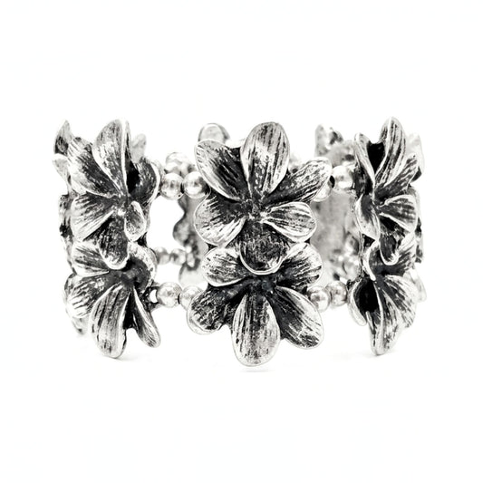 Pulsera brazalete de zamak mujer volumen hipoalergénico plateado aleación ajustable elástica flores relieve envejecido vintage volumen diseño joyería osnor moda moderno elegante boda fiesta fashion glamour lujo exclusivo único 