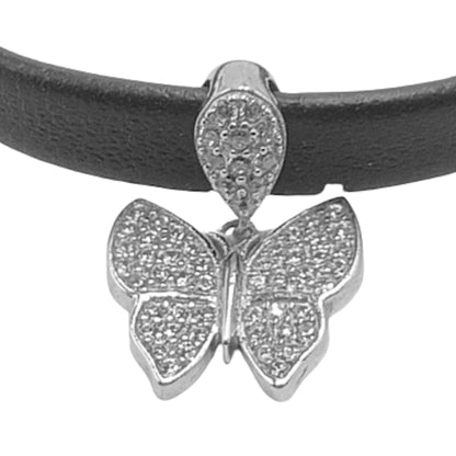 Pulsera de Caucho Negro con Mariposa de Plata y Circonitas. Joyeria Osnor