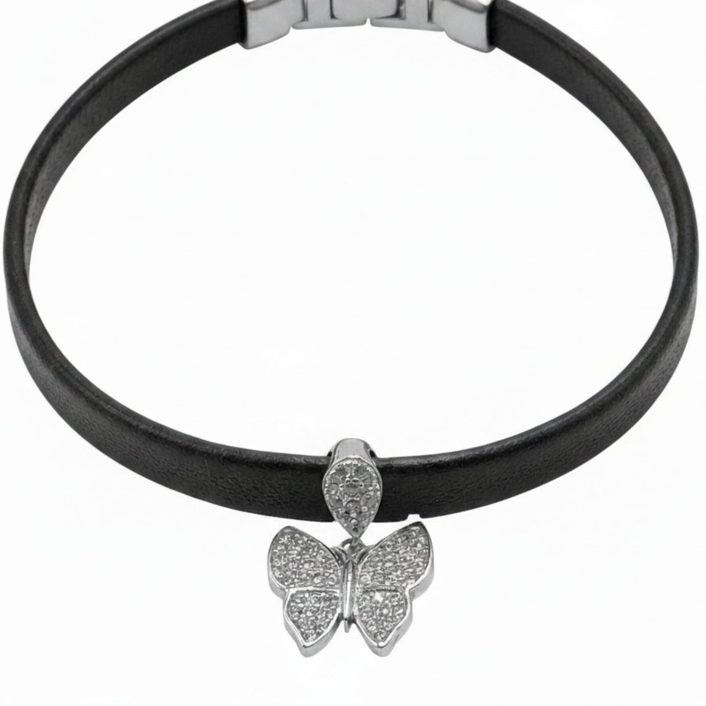 Pulsera de Caucho Negro con Mariposa de Plata y Circonitas. Joyeria Osnor