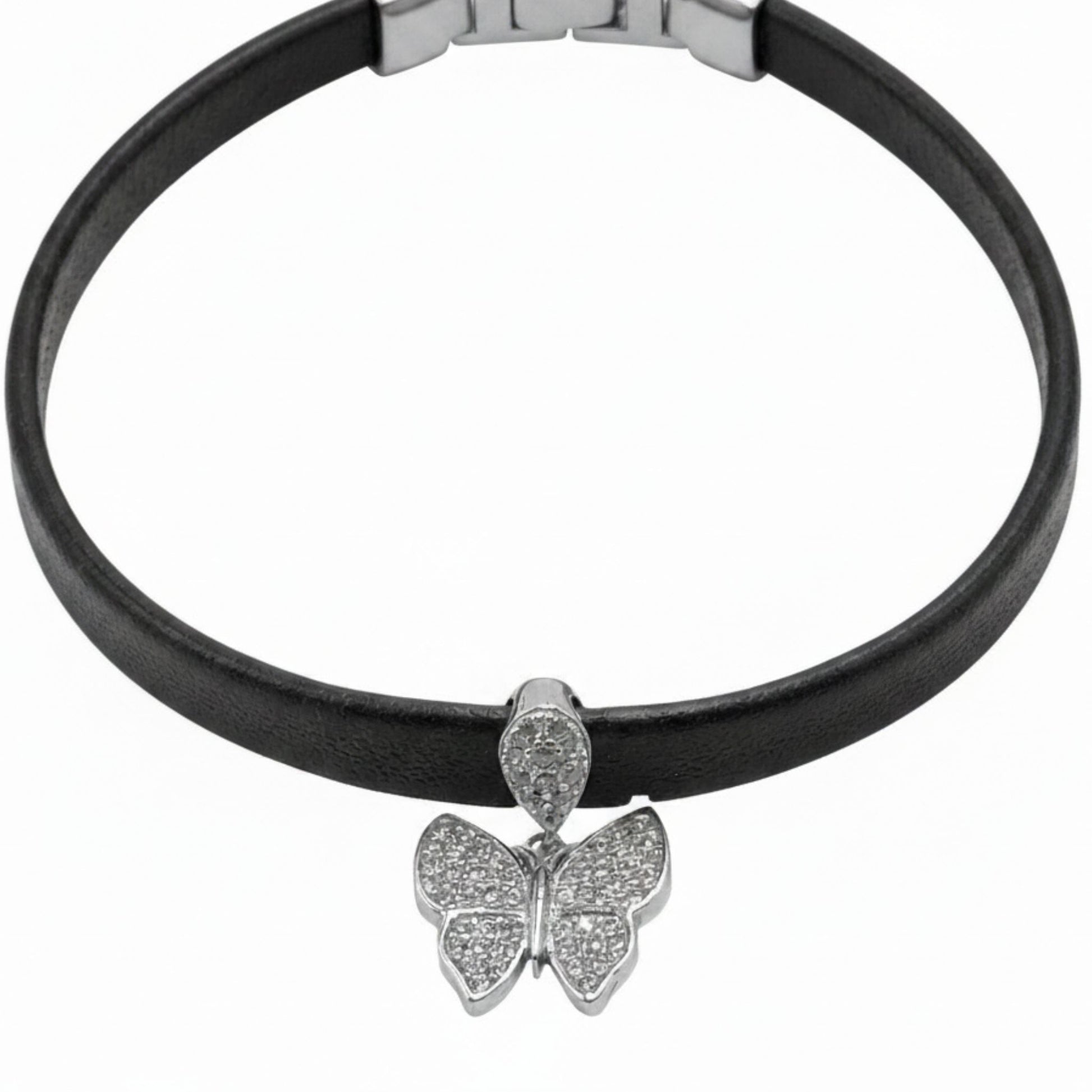Pulsera de Caucho Negro con Mariposa de Plata y Circonitas. Joyeria Osnor