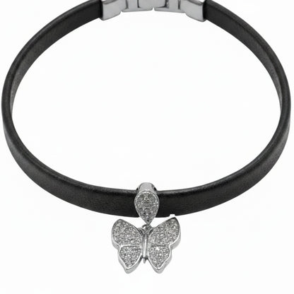Pulsera de Caucho Negro con Mariposa de Plata y Circonitas. Joyeria Osnor