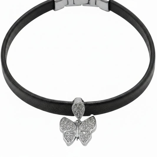 Pulsera de Caucho Negro con Mariposa de Plata y Circonitas. Joyeria Osnor