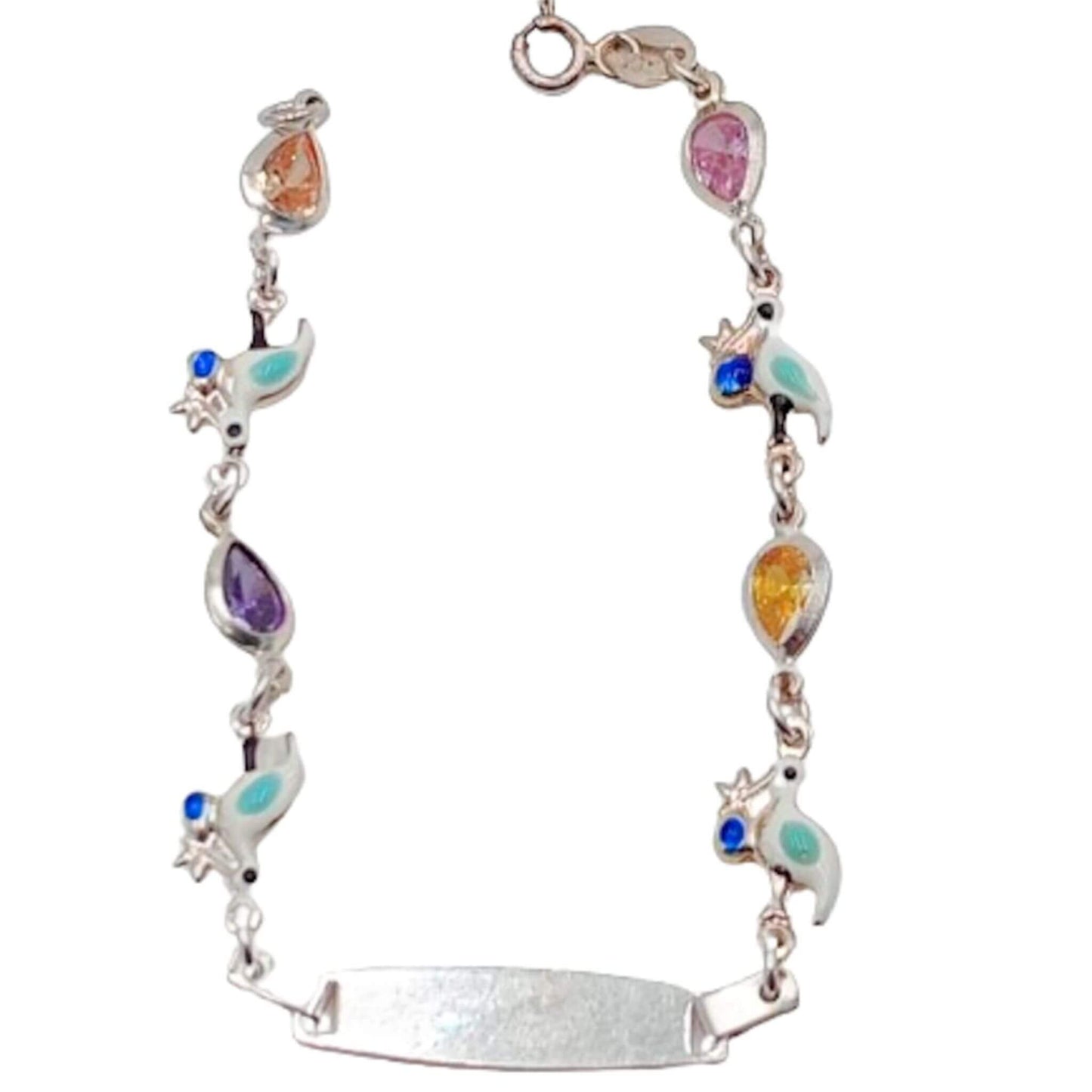 Pulsera Esclava Infantil Plata 925 Pajaritos Esmalte y Circonitas Grabable. Joyeria Osnor