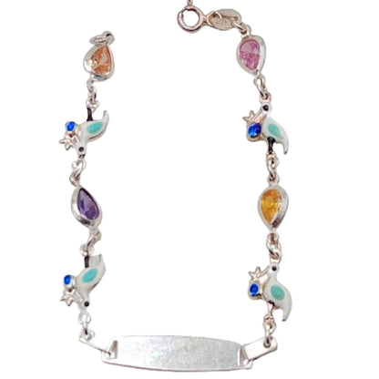 Pulsera Esclava Infantil Plata 925 Pajaritos Esmalte y Circonitas Grabable. Joyeria Osnor