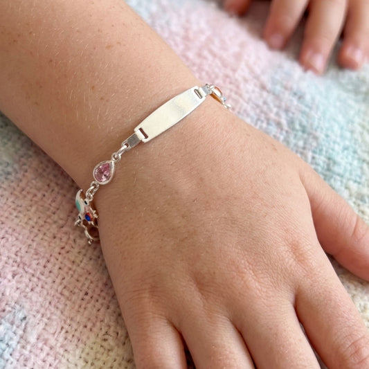 Pulsera Esclava Infantil Plata 925 Pajaritos Esmalte y Circonitas Grabable. Joyeria Osnor