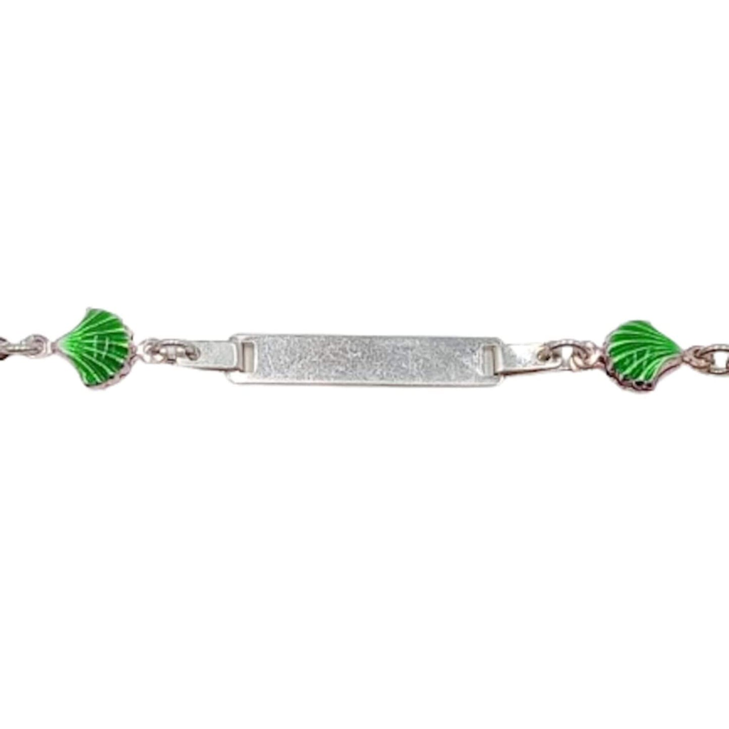 Pulsera Esclava Infantil Plata Conchas Esmalte Verde y Circonitas Grabable. Joyeria Osnor