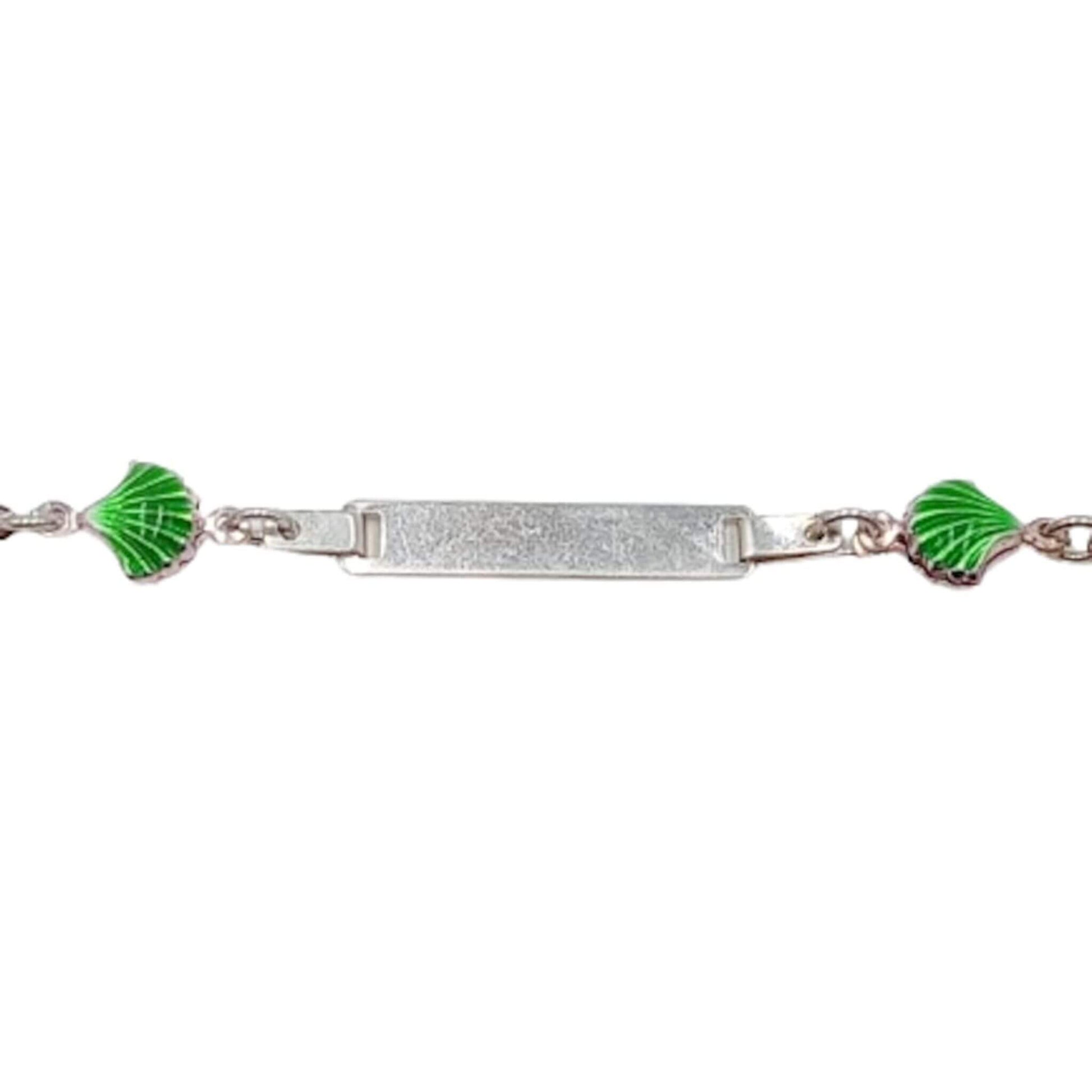 Pulsera Esclava Infantil Plata Conchas Esmalte Verde y Circonitas Grabable. Joyeria Osnor