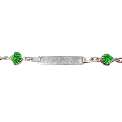 Pulsera Esclava Infantil Plata Conchas Esmalte Verde y Circonitas Grabable. Joyeria Osnor
