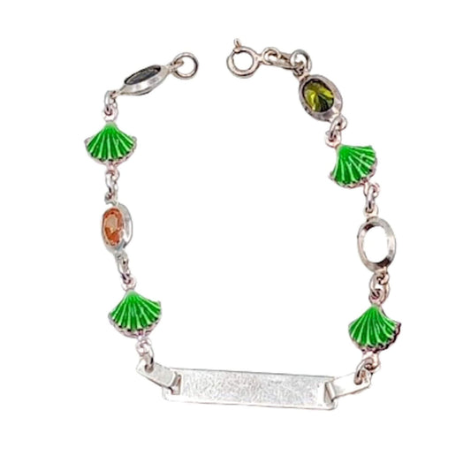 Pulsera Esclava Infantil Plata Conchas Esmalte Verde y Circonitas Grabable. Joyeria-Osnor
