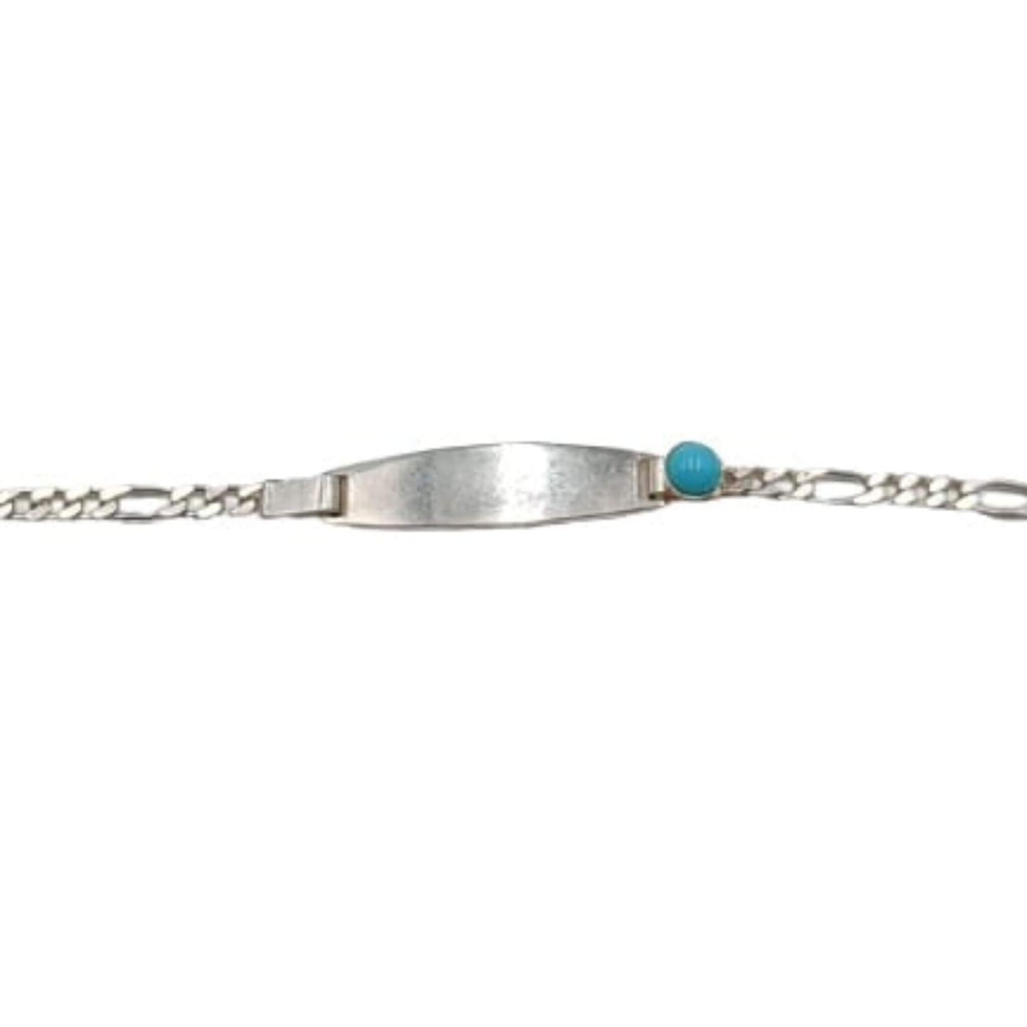 Pulsera Esclava Infantil Plata Cadena Figaro con Turquesa y Chapa Grabable. Joyeria Osnor