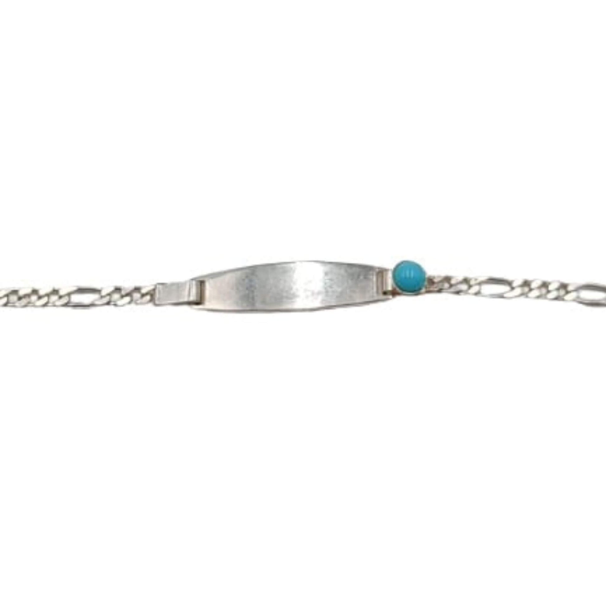Pulsera Esclava Infantil Plata Cadena Figaro con Turquesa y Chapa Grabable. Joyeria Osnor