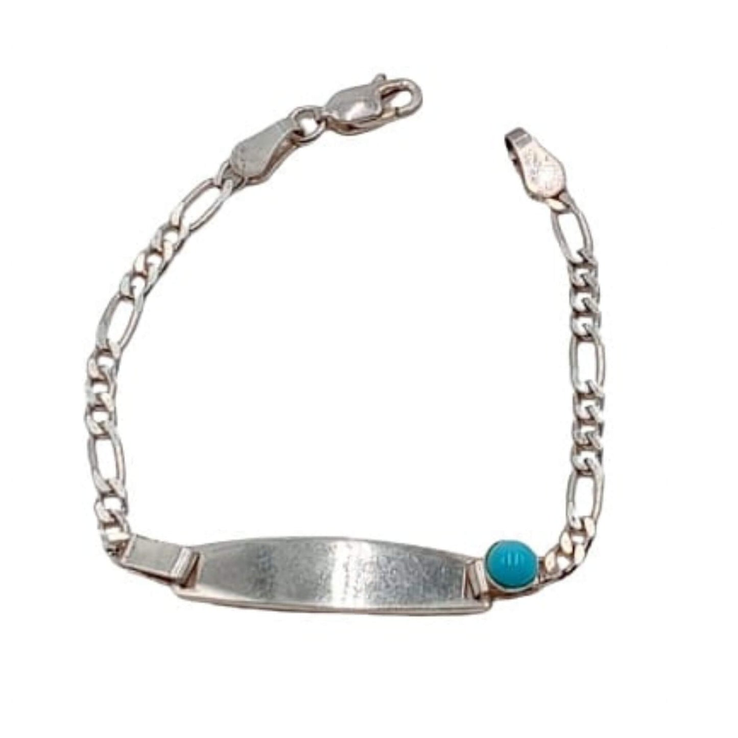 Pulsera Esclava Infantil Plata Cadena Figaro con Turquesa y Chapa Grabable. Joyeria Osnor