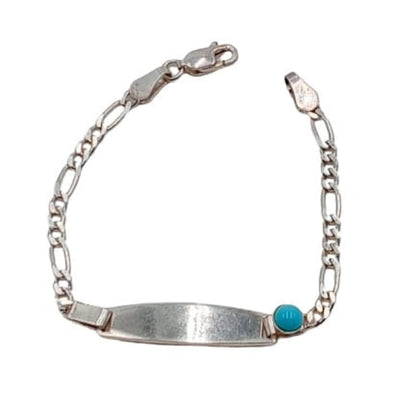 Pulsera Esclava Infantil Plata Cadena Figaro con Turquesa y Chapa Grabable. Joyeria Osnor