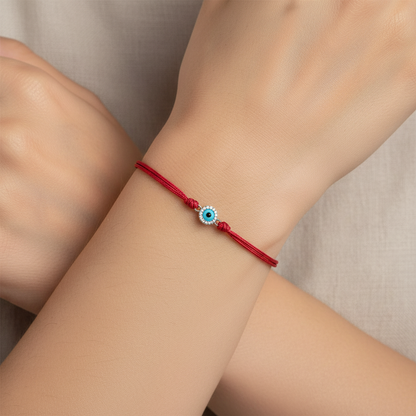 Mujer Luciendo Pulsera de Hilo Rojo Ajustable con Ojo Turco de Plata – Unisex. Joyeria Osnor