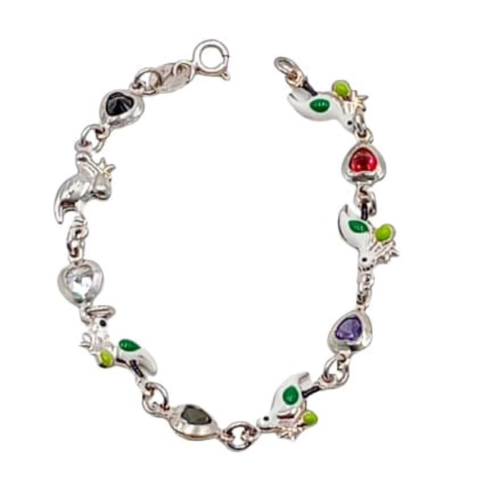Pulsera Infantil Plata Pajaritos Esmalte y Corazones de Colores. Joyeria Osnor