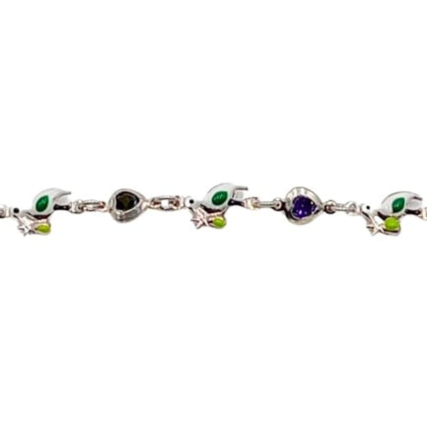 Pulsera Infantil Plata Pajaritos Esmalte y Corazones de Colores. Joyeria Osnor