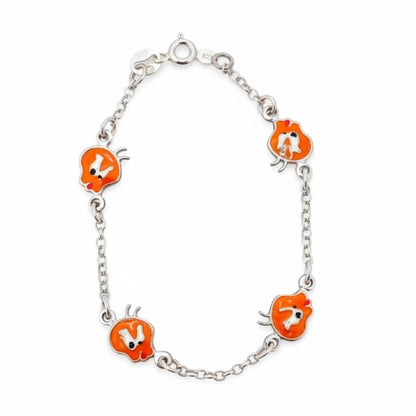 Pulsera Infantil Plata Charms Animal Esmalte Naranja. Joyeria Osnor