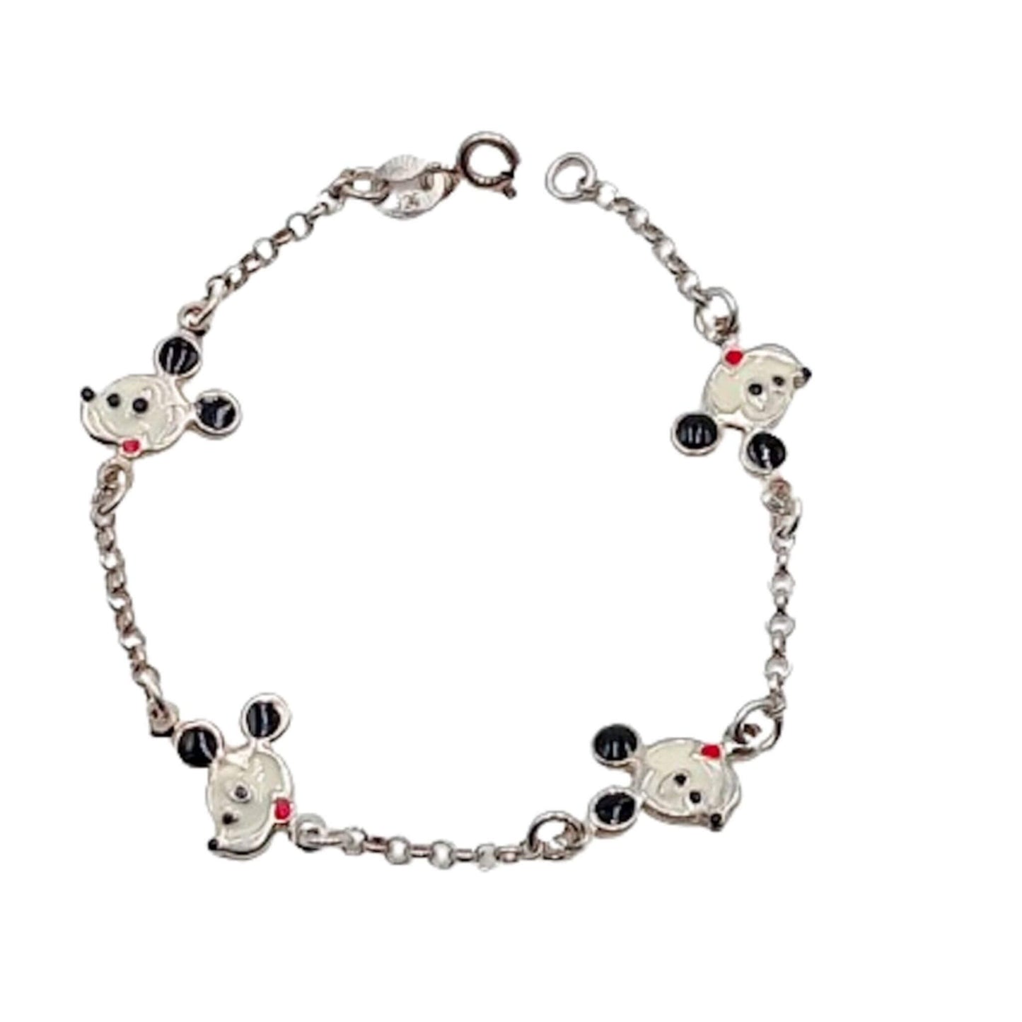 Pulsera Infantil Plata Caras de Mickey Esmalte Blanco y Negro. Joyeria Osnor