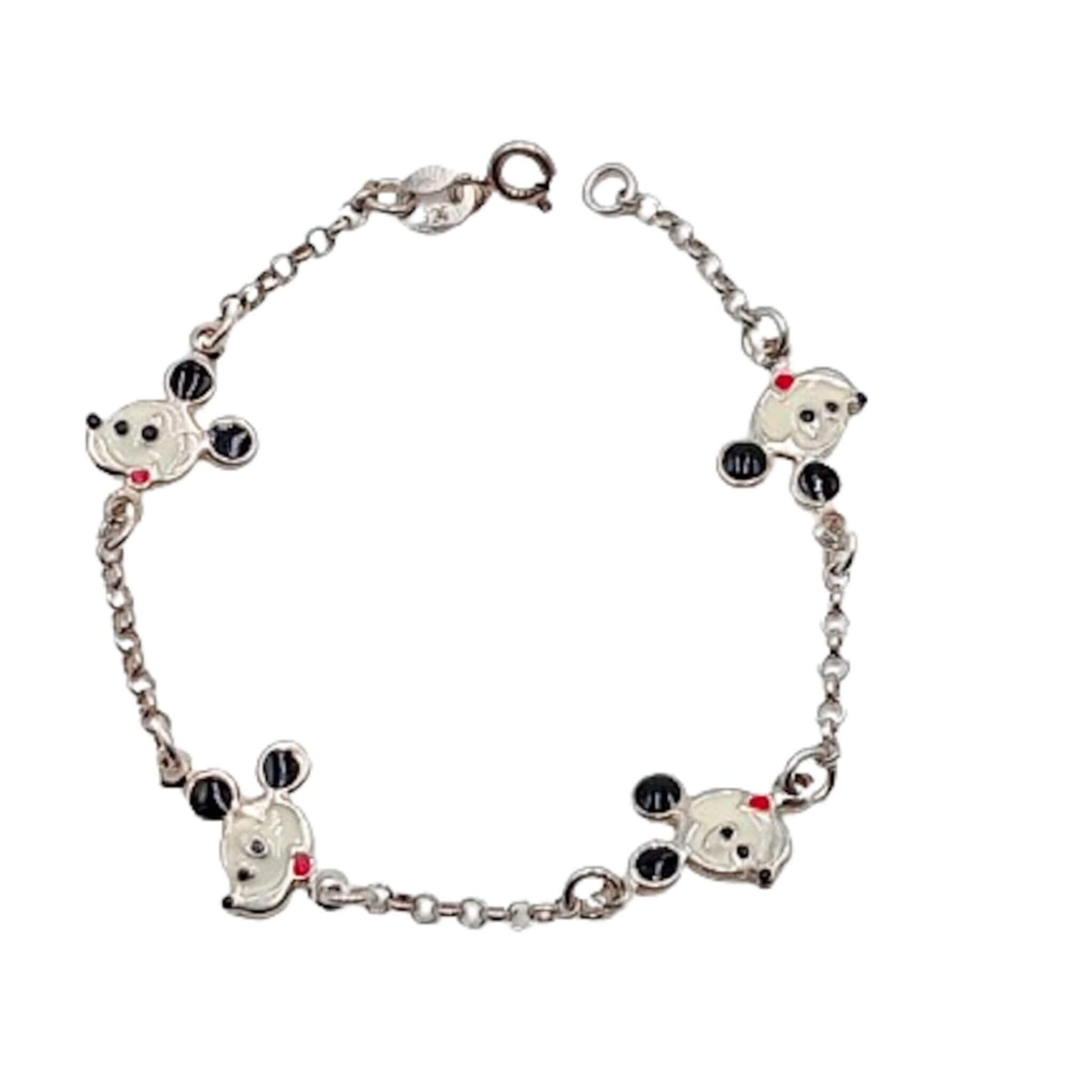 Pulsera Infantil Plata Caras de Mickey Esmalte Blanco y Negro. Joyeria Osnor