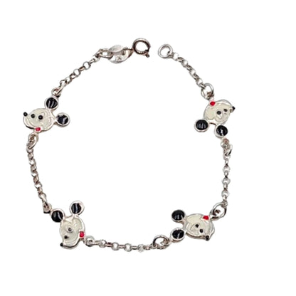 Pulsera Infantil Plata Caras de Mickey Esmalte Blanco y Negro. Joyeria Osnor