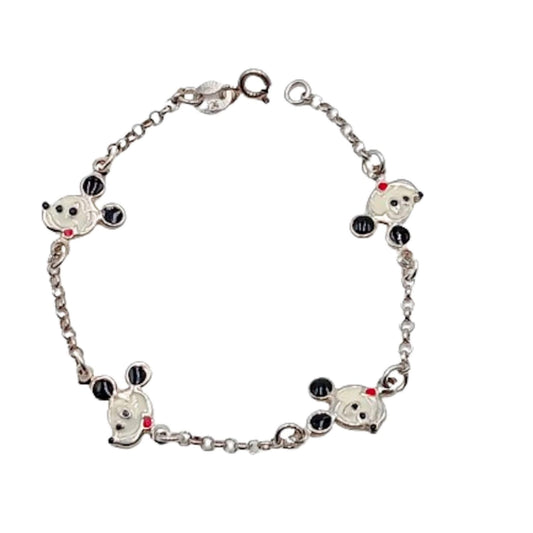 Pulsera Infantil Plata Caras de Mickey Esmalte Blanco y Negro. Joyeria Osnor
