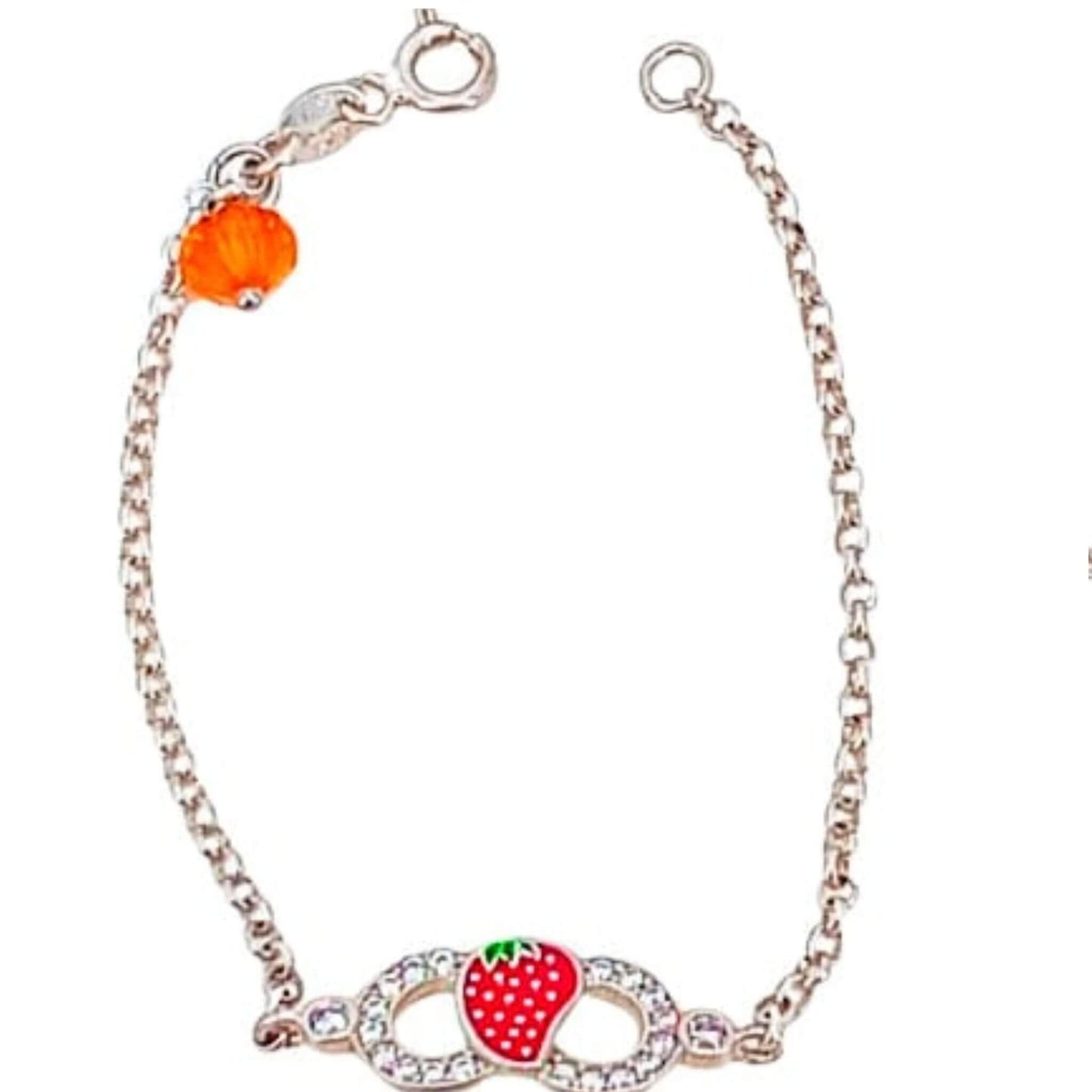 Pulsera Infantil Plata Charm Fresa Esmalte y Circonitas. Joyeria Osnor