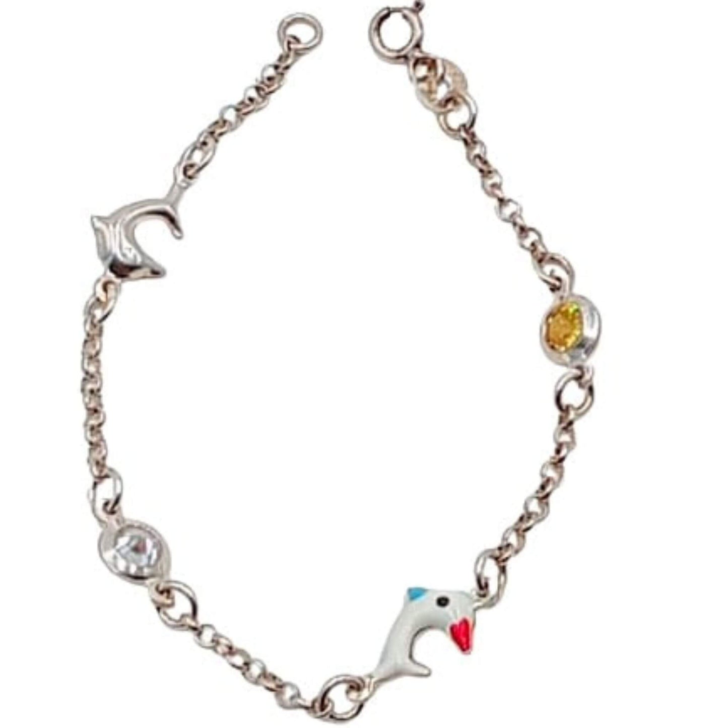 Pulsera Infantil Plata Delfines Esmalte y Circonitas de Colores Joyeria Osnor