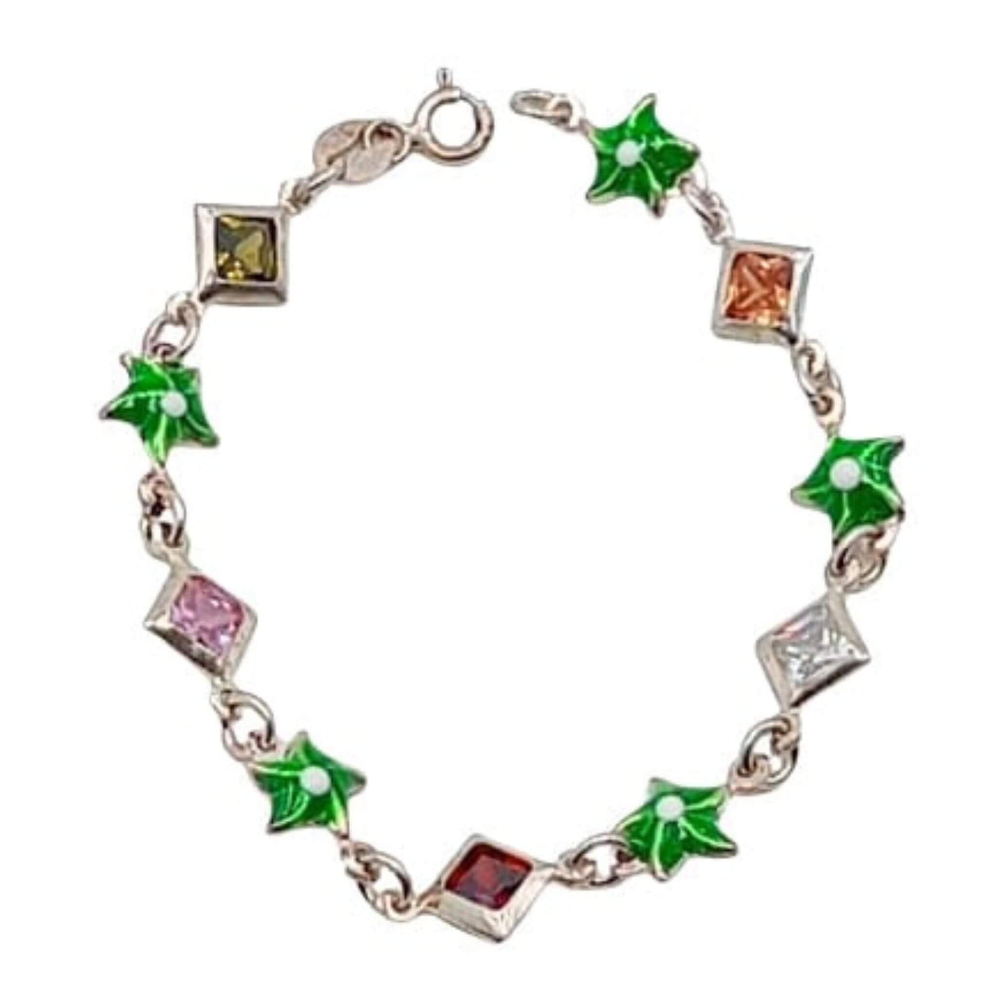 Pulsera Infantil Plata Estrellas Esmalte Verde y Circonitas Multicolor. Joyeria Osnor