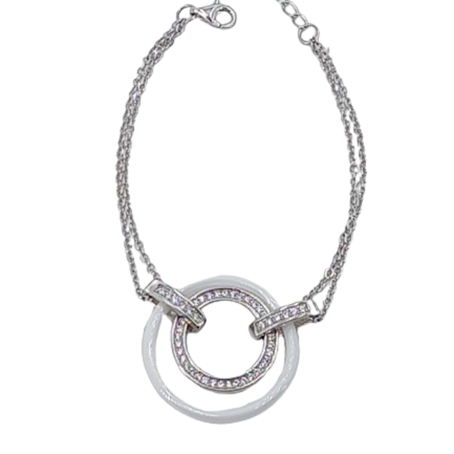 Pulsera Plata Doble Círculo Cerámica Blanca con Circonitas – Cadena Doble. Joyeria Osnor