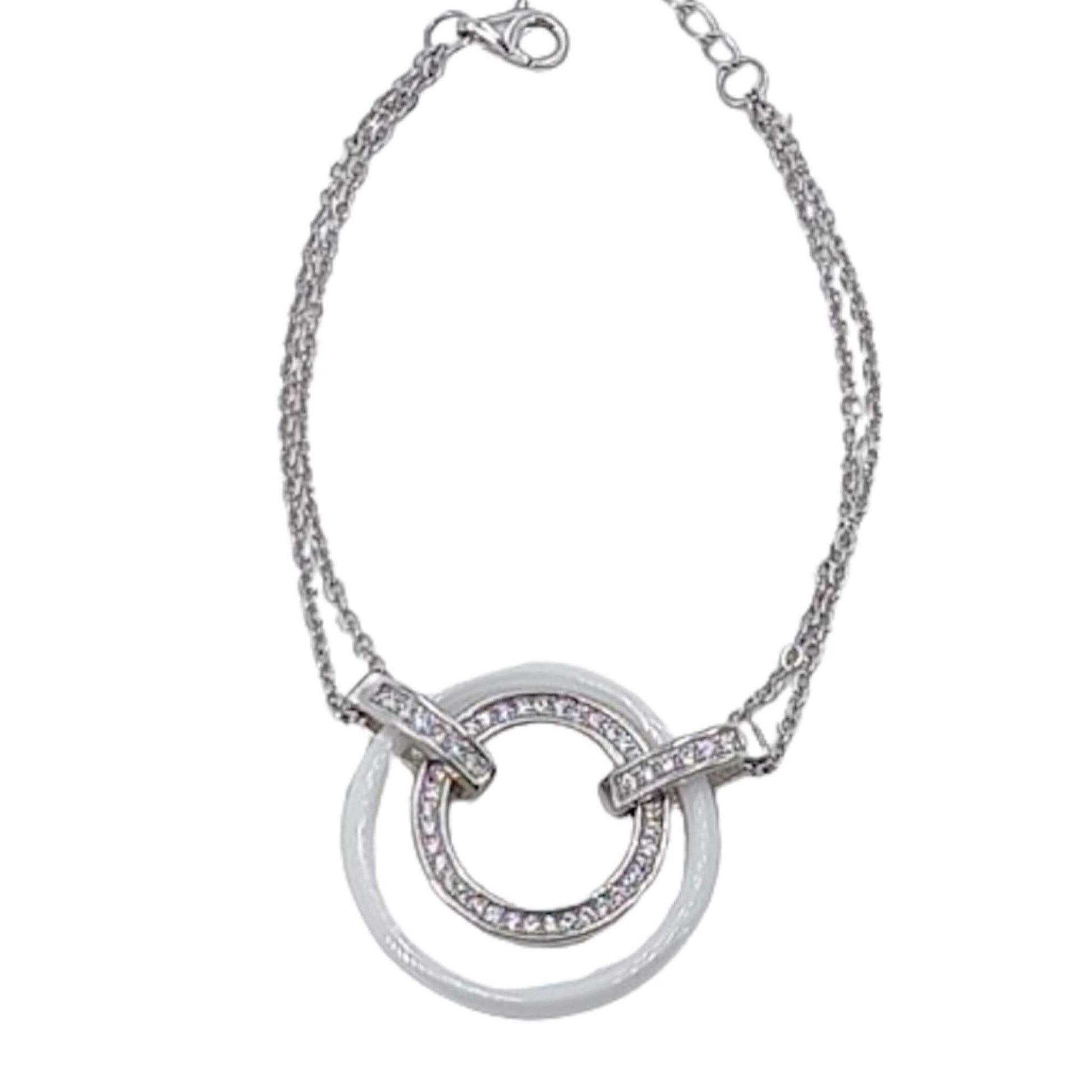 Pulsera Plata Doble Círculo Cerámica Blanca con Circonitas – Cadena Doble. Joyeria Osnor