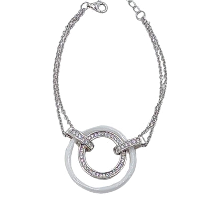 Pulsera Plata Doble Círculo Cerámica Blanca con Circonitas – Cadena Doble. Joyeria Osnor
